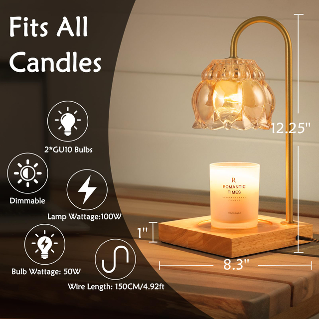 Candle Warmer Lamp with Timer, Vintage Flower Candle Lamp with 2 Bulbs, Amber Dimmable Candle Lamp Warmer for Jar Candles with Glass Lampshade, Mothers Day Gifts for Mom, House Warming Gifts for Women